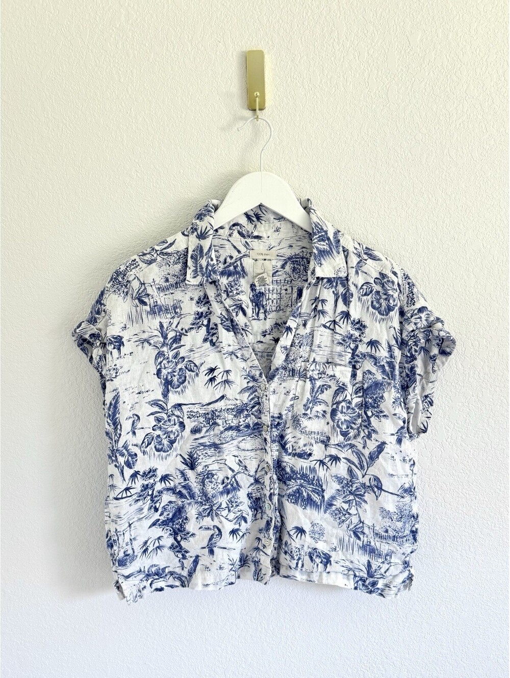 Joie Blue White Toile Linen Shirt Short Sleeve Button Down Tropical Coastal XL